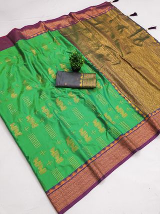 Parrot Green Banarasi Silk Saree with Wine Purple Zari Border | Varnavi