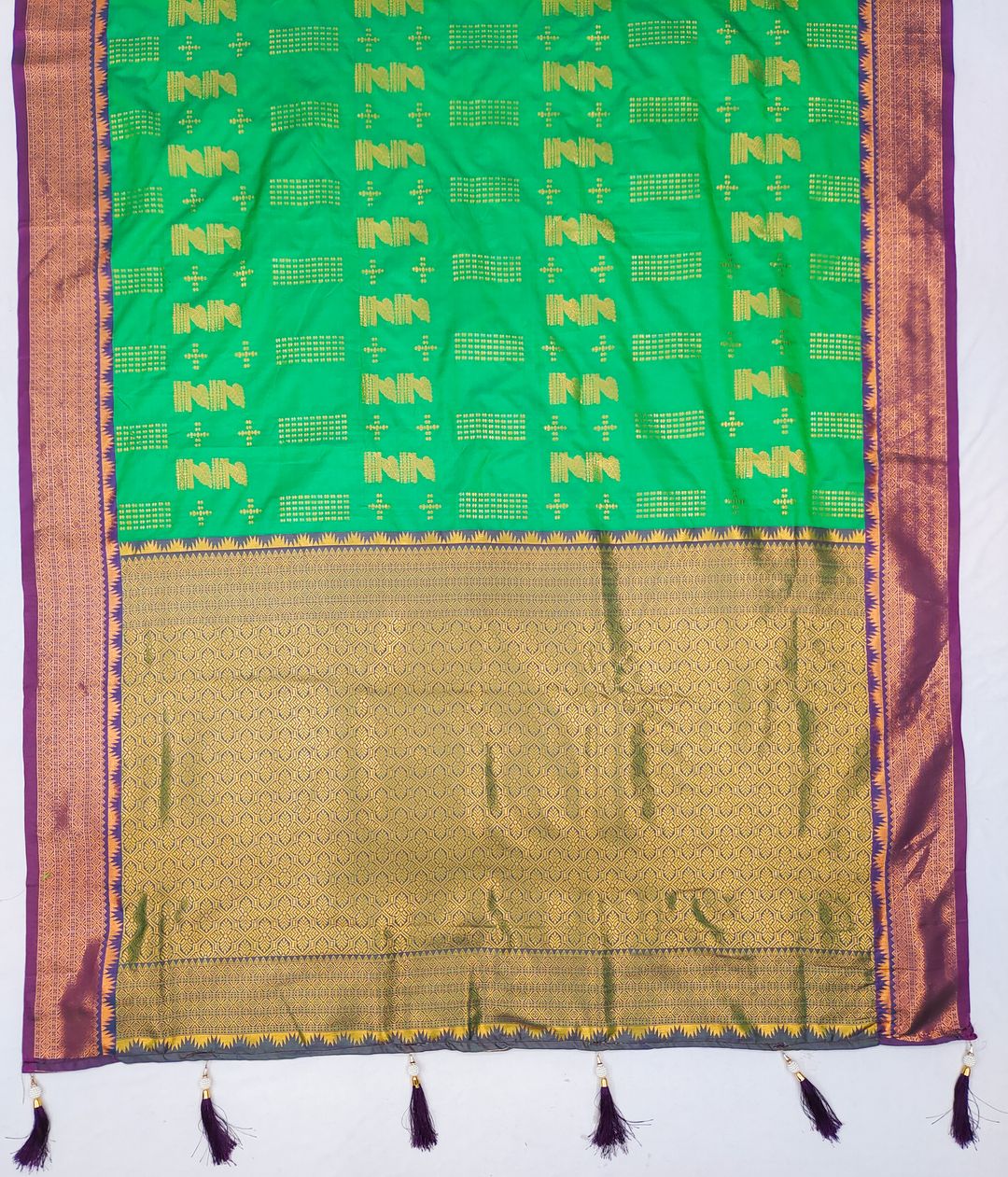 Parrot Green Banarasi Silk Saree with Wine Purple Zari Border | Varnavi
