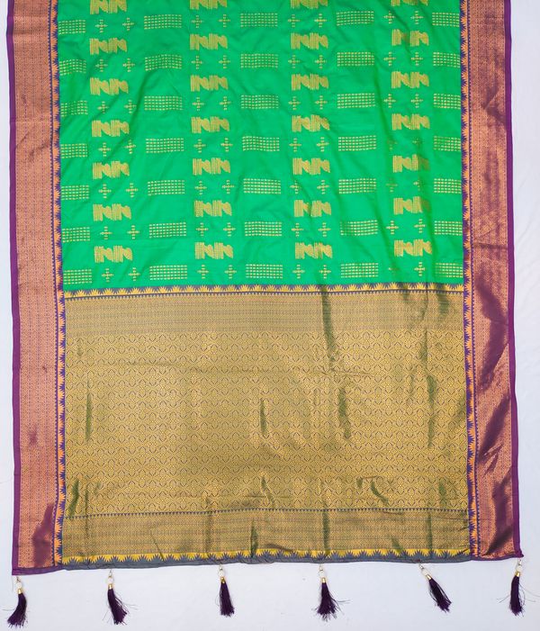 Parrot Green Banarasi Silk Saree with Wine Purple Zari Border | Varnavi