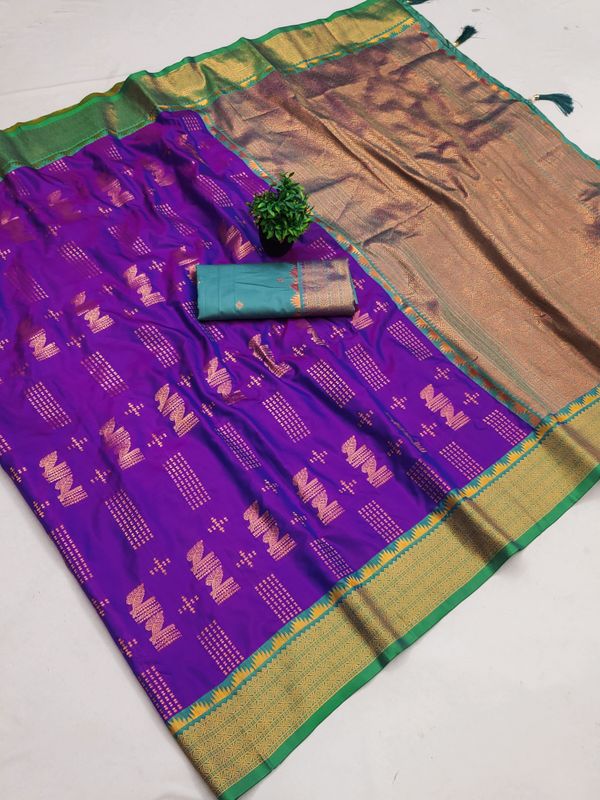 Royal Purple Banarasi Silk Saree with Teal Green Zari Border | Varnavi