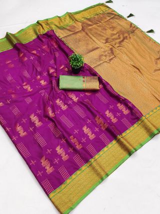 Magenta Banarasi Silk Saree with Green Gold Jacquard Border | Varnavi