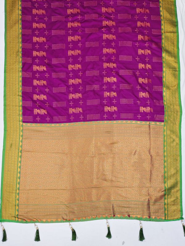 Magenta Banarasi Silk Saree with Green Gold Jacquard Border | Varnavi