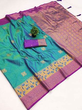 Firozi Banarasi Soft Silk Saree with Wine Purple Zari Border | Varnavi