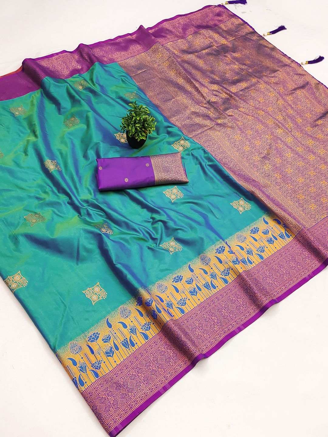 Firozi Banarasi Soft Silk Saree with Wine Purple Zari Border | Varnavi