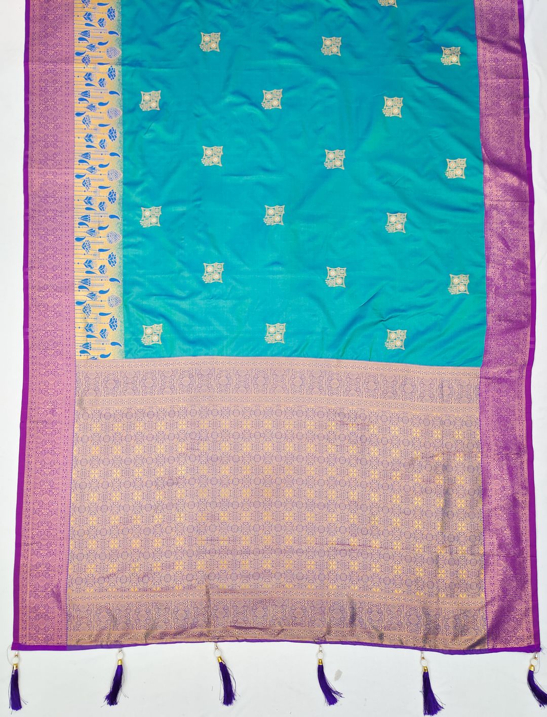 Firozi Banarasi Soft Silk Saree with Wine Purple Zari Border | Varnavi