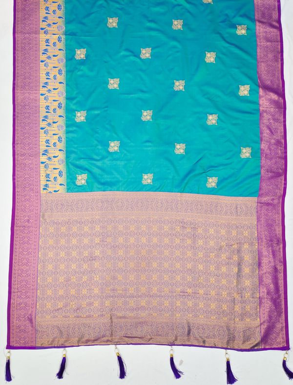 Firozi Banarasi Soft Silk Saree with Wine Purple Zari Border | Varnavi