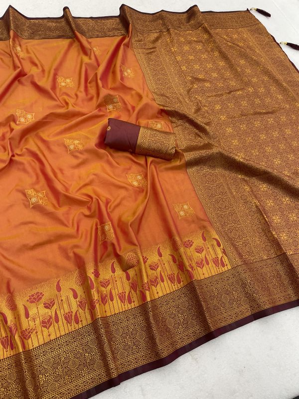 Burnt Orange Banarasi Silk Saree with Maroon Gold Jacquard | Varnavi