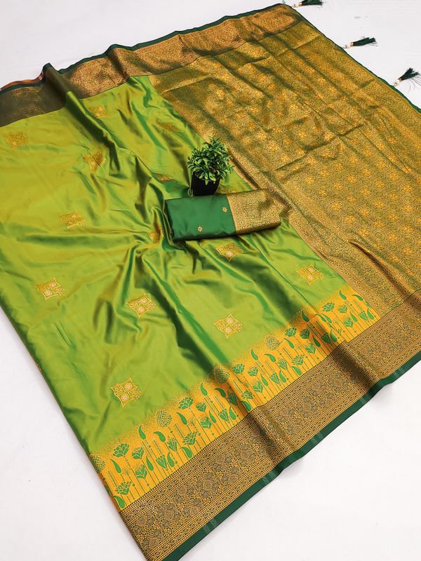 Pista Green Banarasi Soft Silk Saree with Golden Zari Border