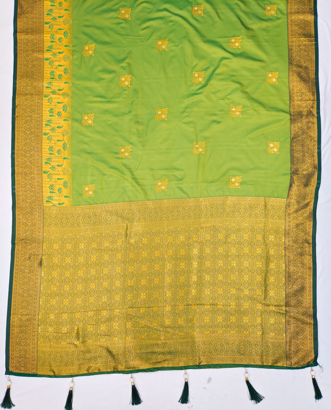 Pista Green Banarasi Soft Silk Saree with Golden Zari Border