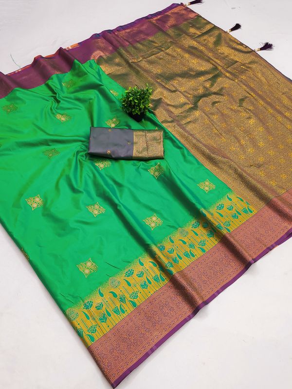 Parrot Green Banarasi Silk Saree with Wine Purple Border