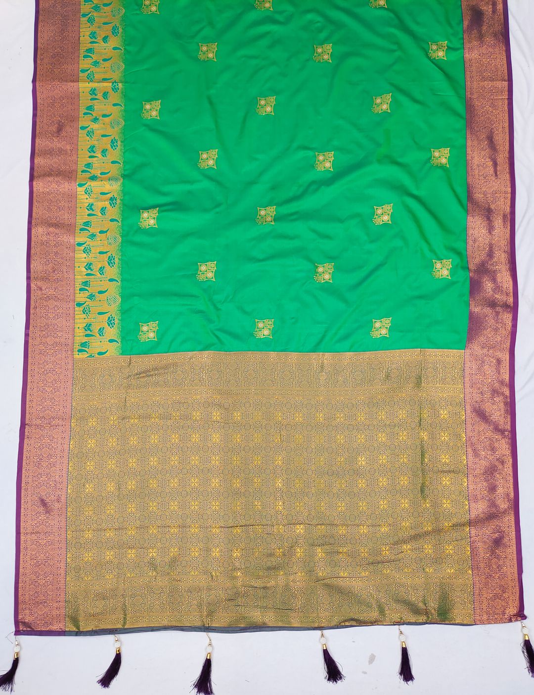 Parrot Green Banarasi Silk Saree with Wine Purple Border