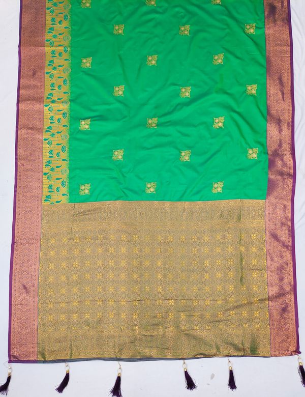 Parrot Green Banarasi Silk Saree with Wine Purple Border