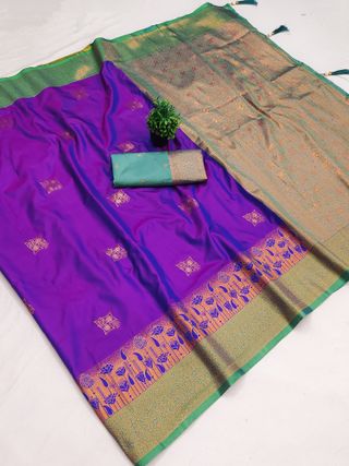 Royal Purple Banarasi Silk Saree with Green Zari Border