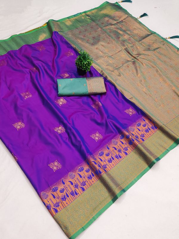 Royal Purple Banarasi Silk Saree with Green Zari Border