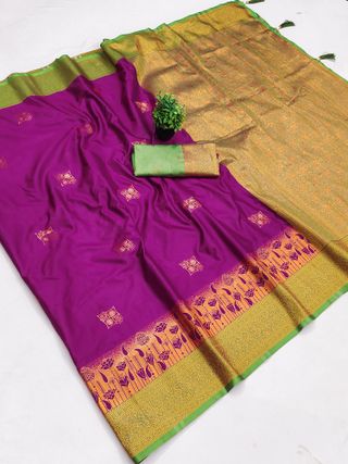 Wine Magenta Banarasi Silk Saree with Green Zari Border