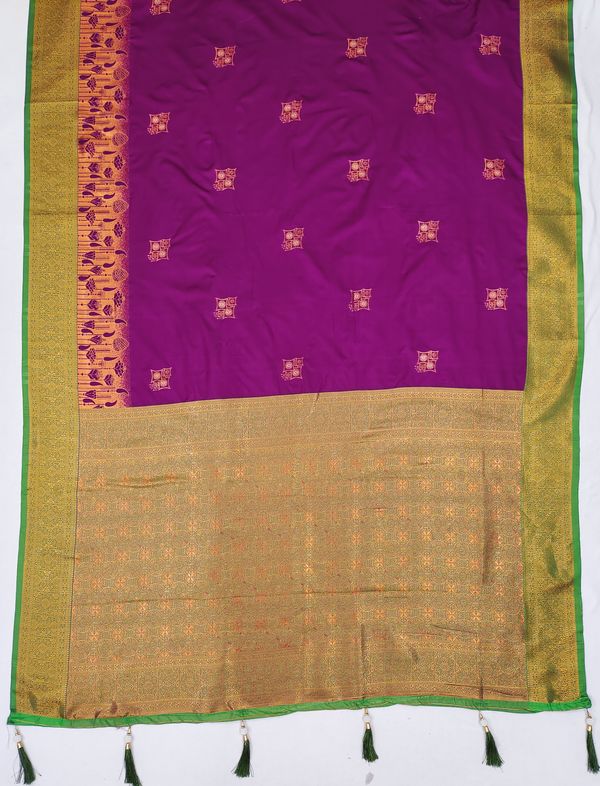 Wine Magenta Banarasi Silk Saree with Green Zari Border