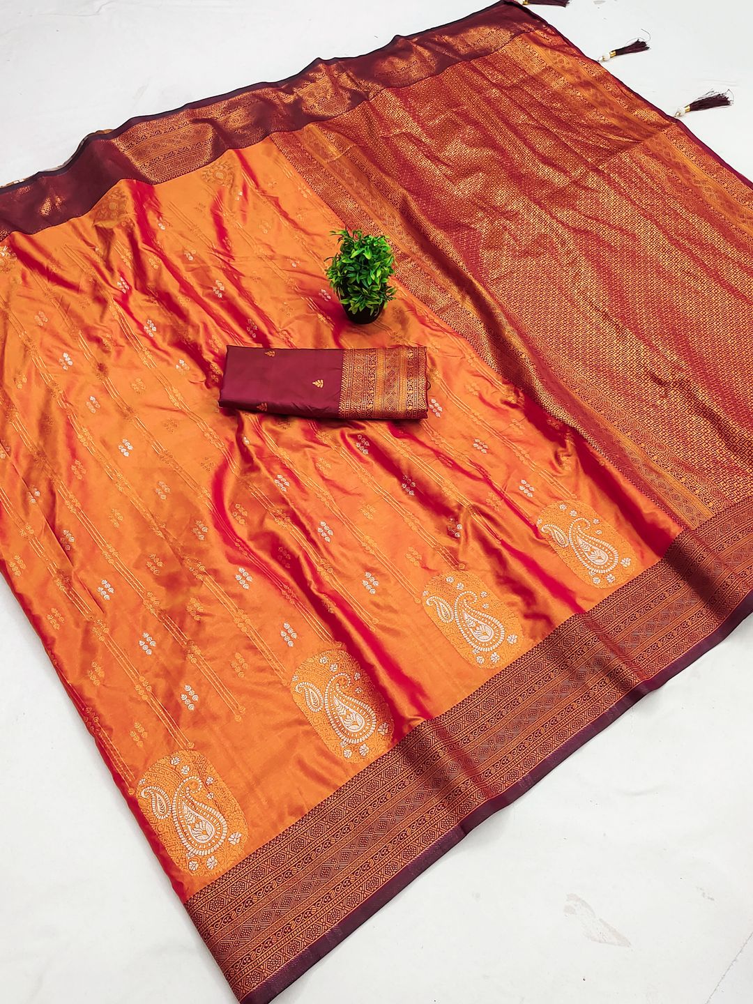 Orange Banarasi Silk Saree with Maroon Zari Border
