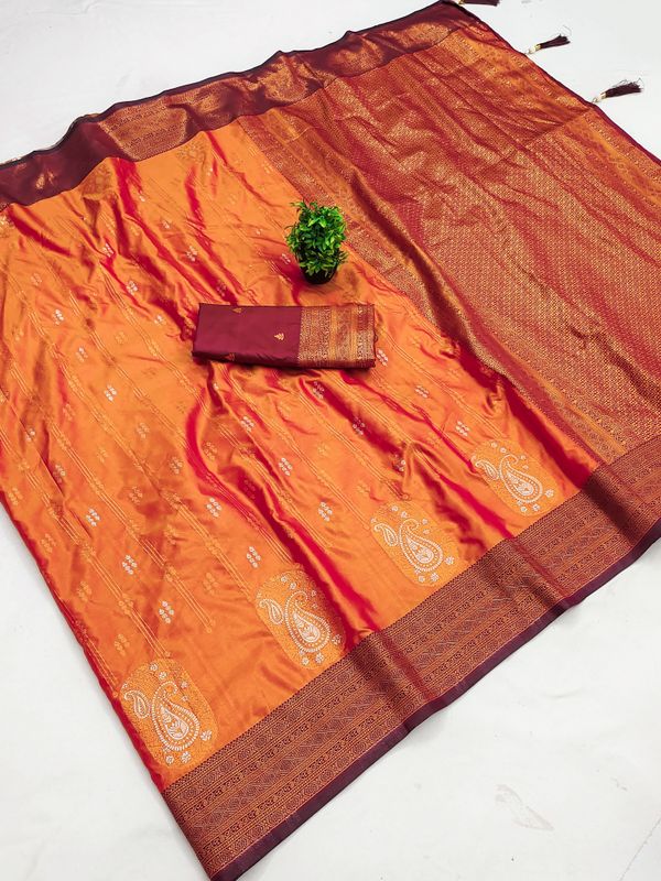 Orange Banarasi Silk Saree with Maroon Zari Border