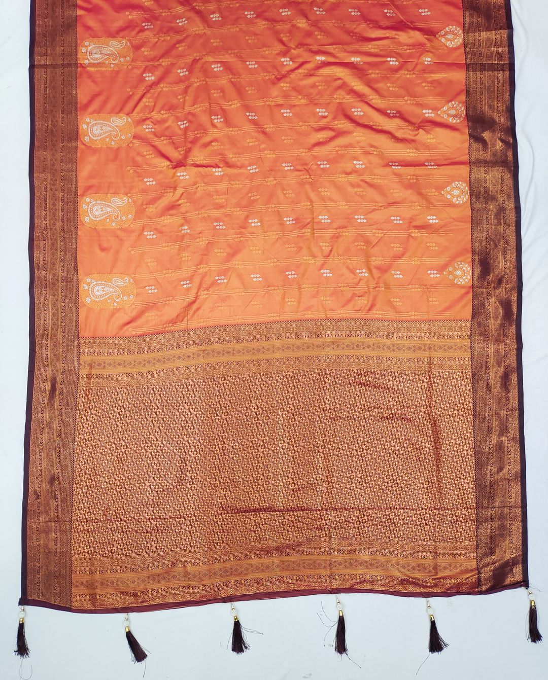 Orange Banarasi Silk Saree with Maroon Zari Border