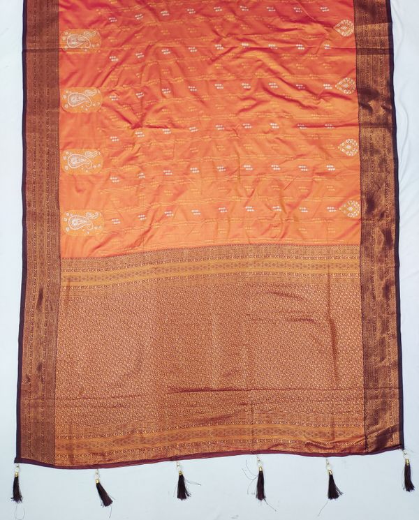 Orange Banarasi Silk Saree with Maroon Zari Border