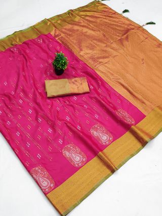 Rani Pink Banarasi Silk Saree with Golden Zari Border