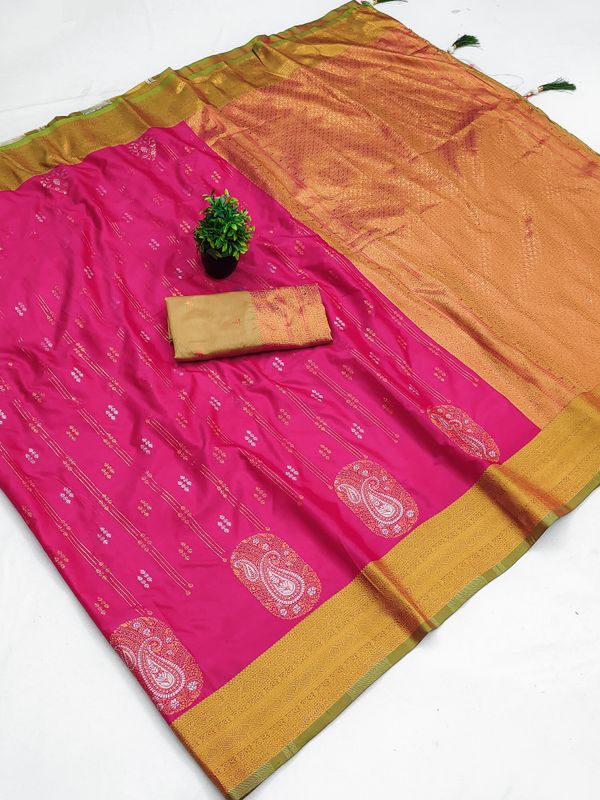 Rani Pink Banarasi Silk Saree with Golden Zari Border