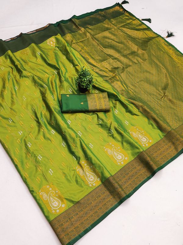 Pista Green Banarasi Silk Saree with Golden Zari Border