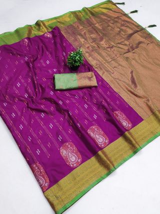 Deep Purple Banarasi Silk Saree with Green Golden Border