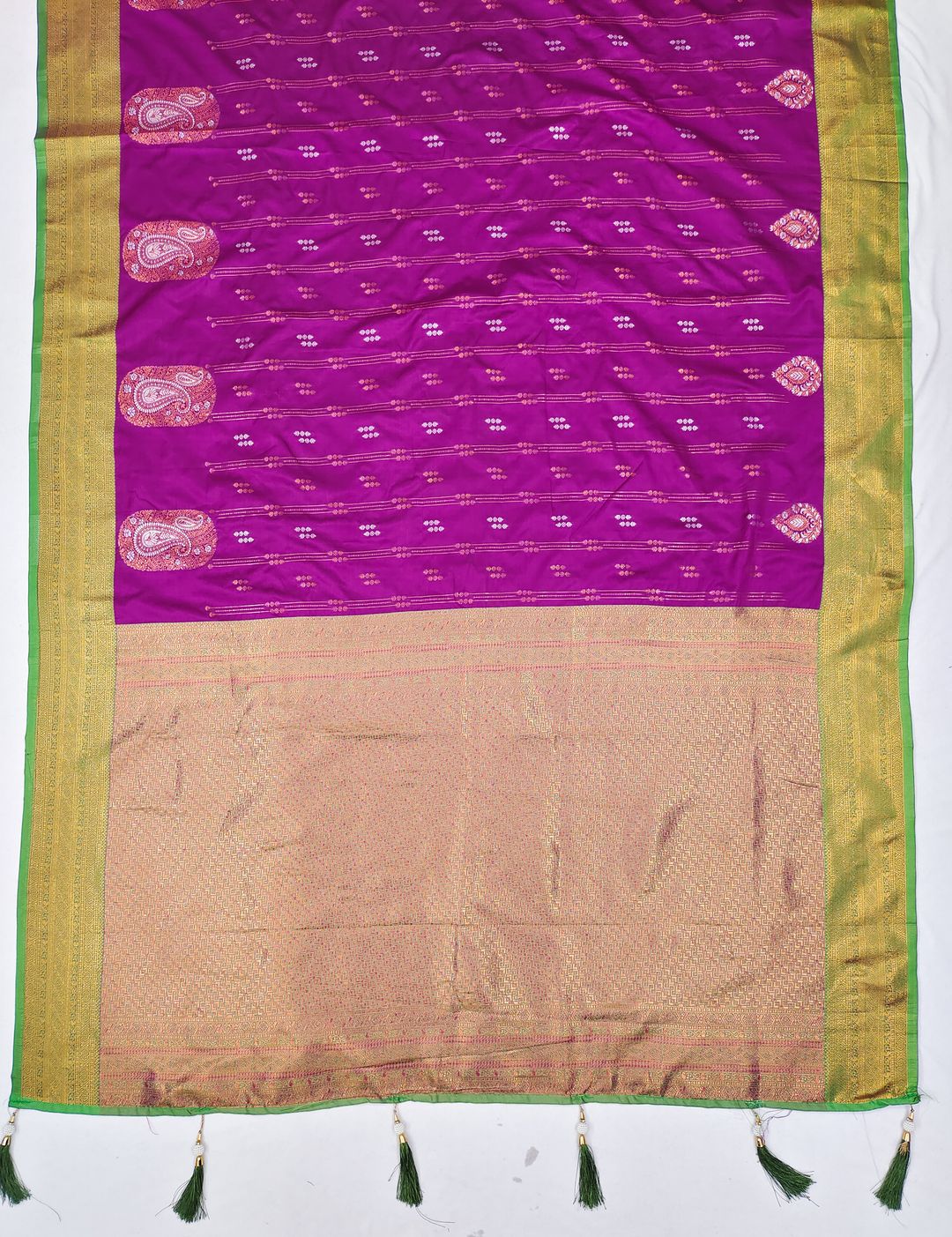 Deep Purple Banarasi Silk Saree with Green Golden Border