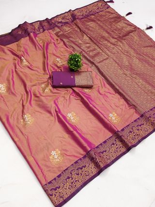 Peach Banarasi Soft Silk Saree with Wine Zari Border | Varnavi