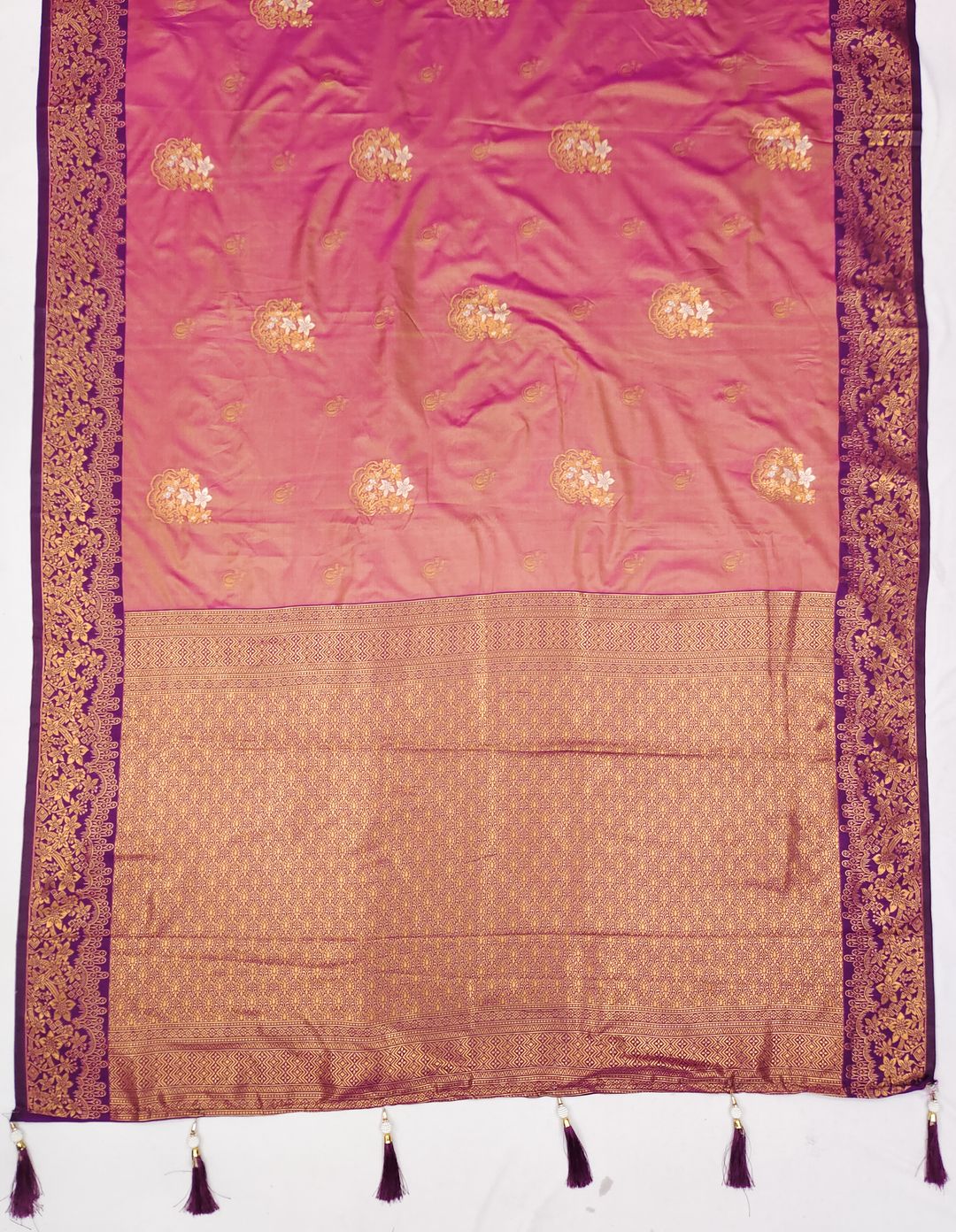 Peach Banarasi Soft Silk Saree with Wine Zari Border | Varnavi
