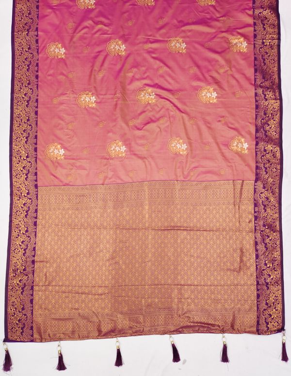 Peach Banarasi Soft Silk Saree with Wine Zari Border | Varnavi