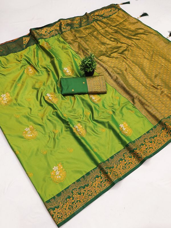 Pista Green Banarasi Silk Saree with Golden Zari Border | Varnavi