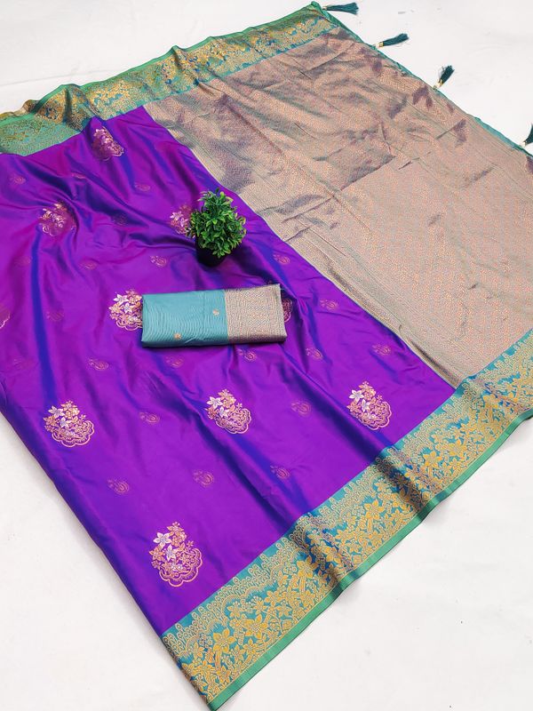 Varnavi Purple Banarasi Soft Silk Saree with Golden Zari Border