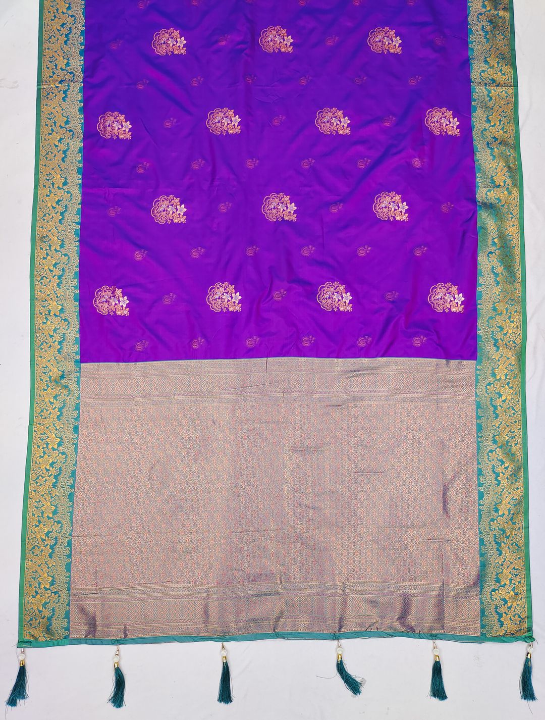 Varnavi Purple Banarasi Soft Silk Saree with Golden Zari Border
