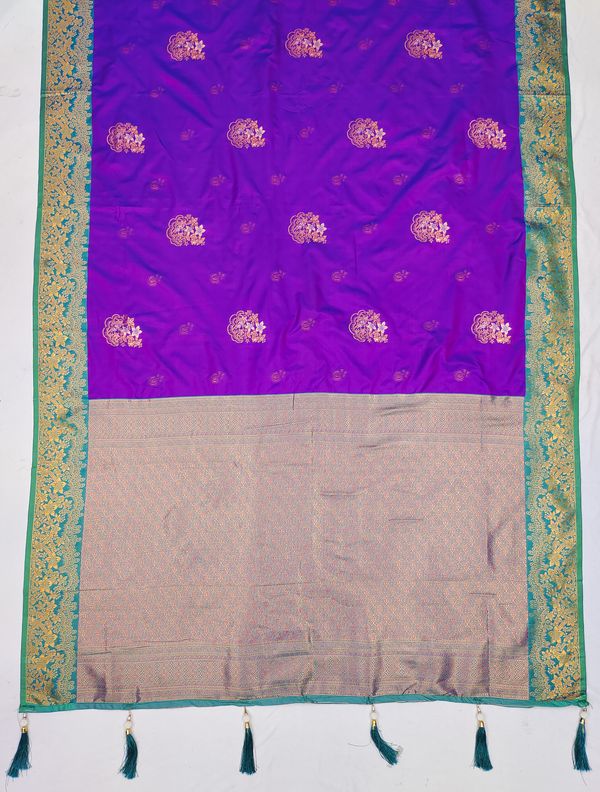 Varnavi Purple Banarasi Soft Silk Saree with Golden Zari Border