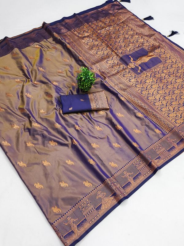 Taupe Banarasi Soft Silk Saree with Navy Blue Zari Border