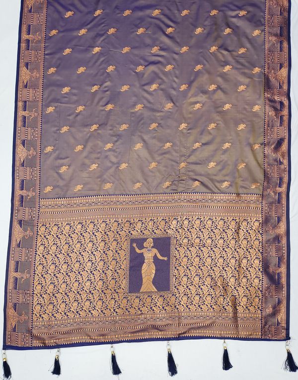 Taupe Banarasi Soft Silk Saree with Navy Blue Zari Border