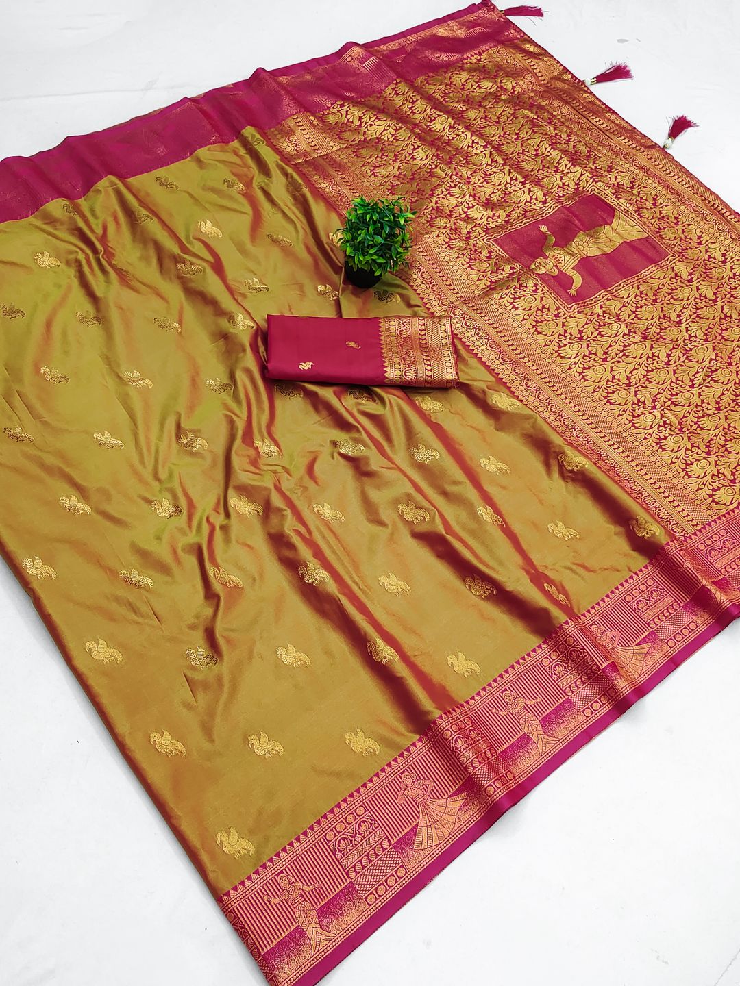Mustard Gold Banarasi Soft Silk Saree with Rani Pink Border