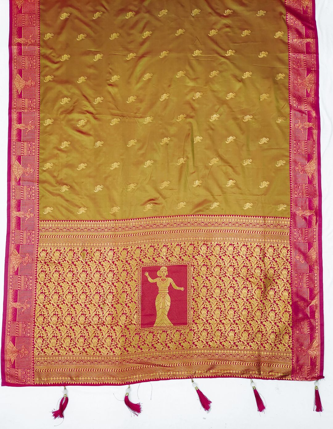Mustard Gold Banarasi Soft Silk Saree with Rani Pink Border