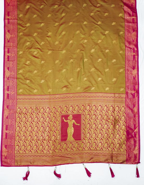 Mustard Gold Banarasi Soft Silk Saree with Rani Pink Border