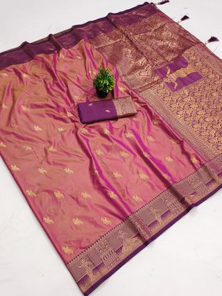 Dusty Rose Pink Banarasi Silk Saree with Wine Purple Zari Border