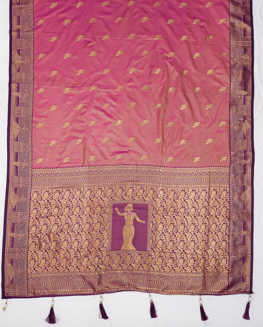 Dusty Rose Pink Banarasi Silk Saree with Wine Purple Zari Border