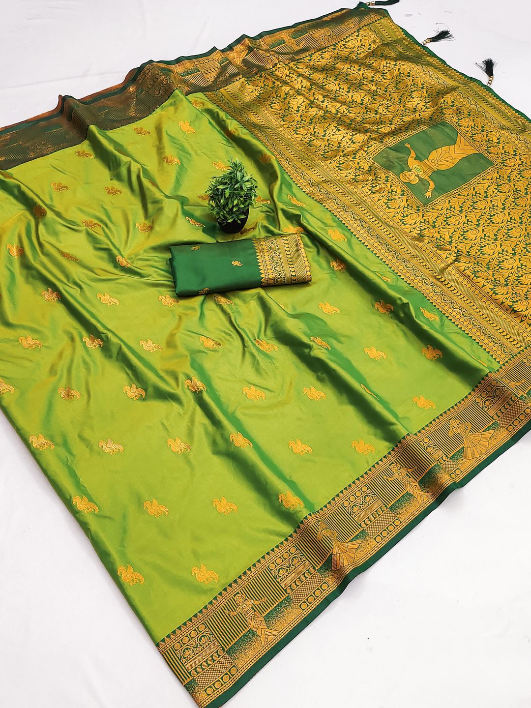 Pista Green Banarasi Soft Silk Saree with Golden Zari Border