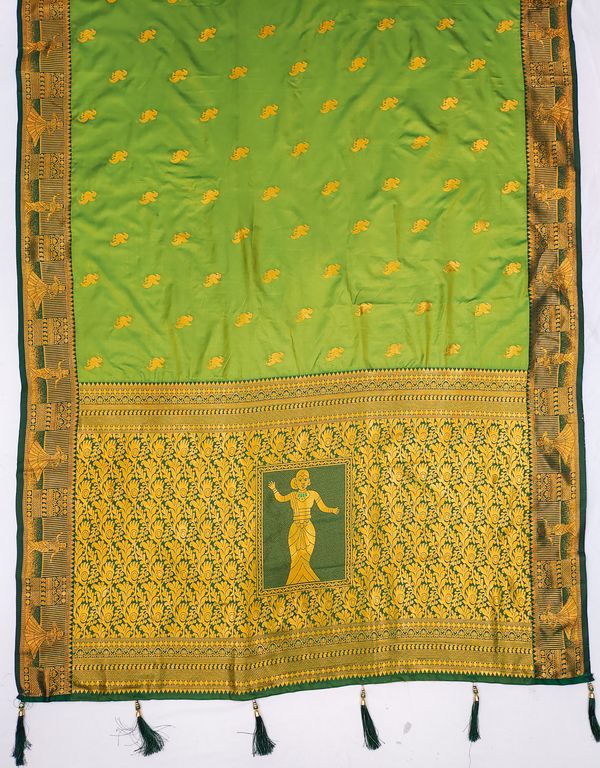 Pista Green Banarasi Soft Silk Saree with Golden Zari Border