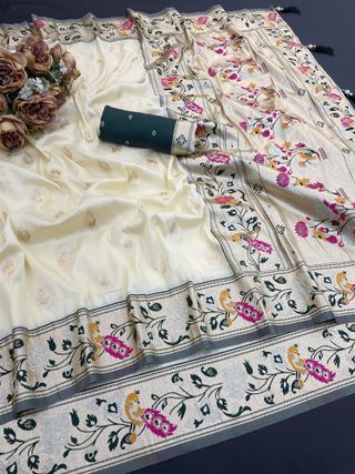 Cream Paithani Silk Saree with Teal Green Floral Jacquard Border
