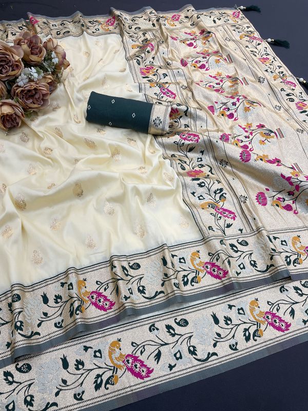 Cream Paithani Silk Saree with Teal Green Floral Jacquard Border