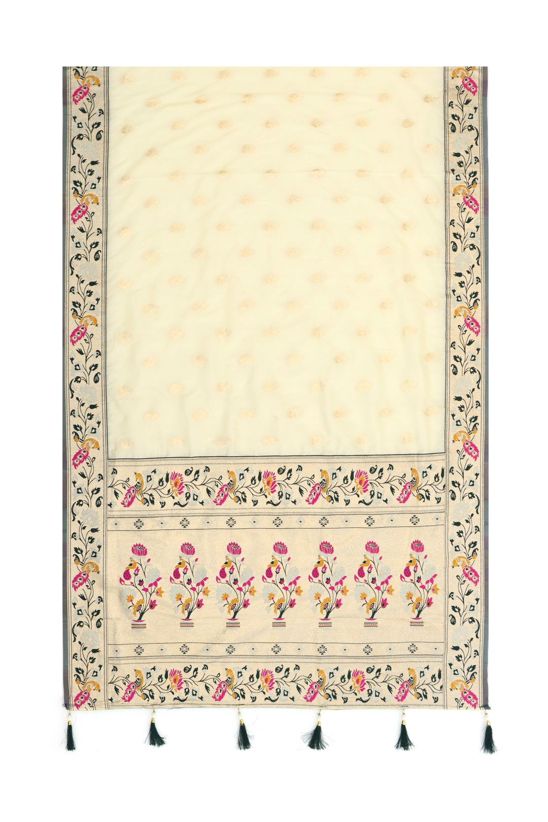 Cream Paithani Silk Saree with Teal Green Floral Jacquard Border