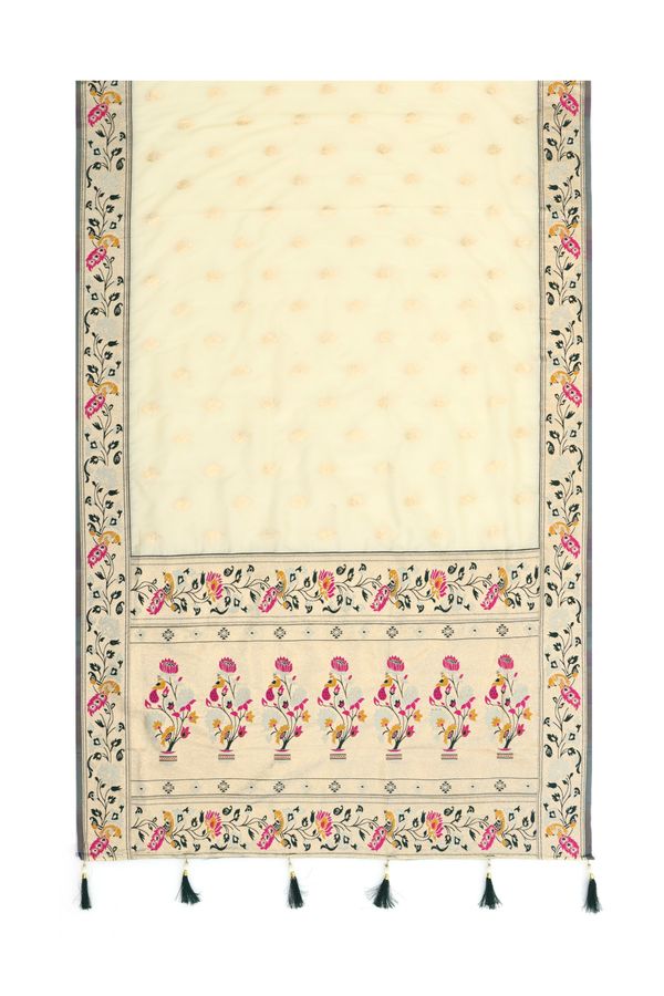 Cream Paithani Silk Saree with Teal Green Floral Jacquard Border