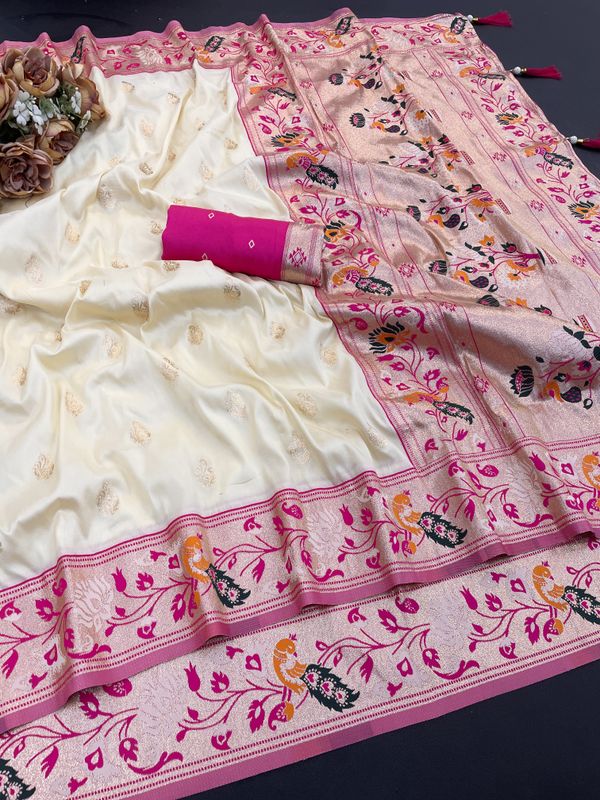 Cream Banarasi Paithani Silk Saree with Pink Jacquard Border